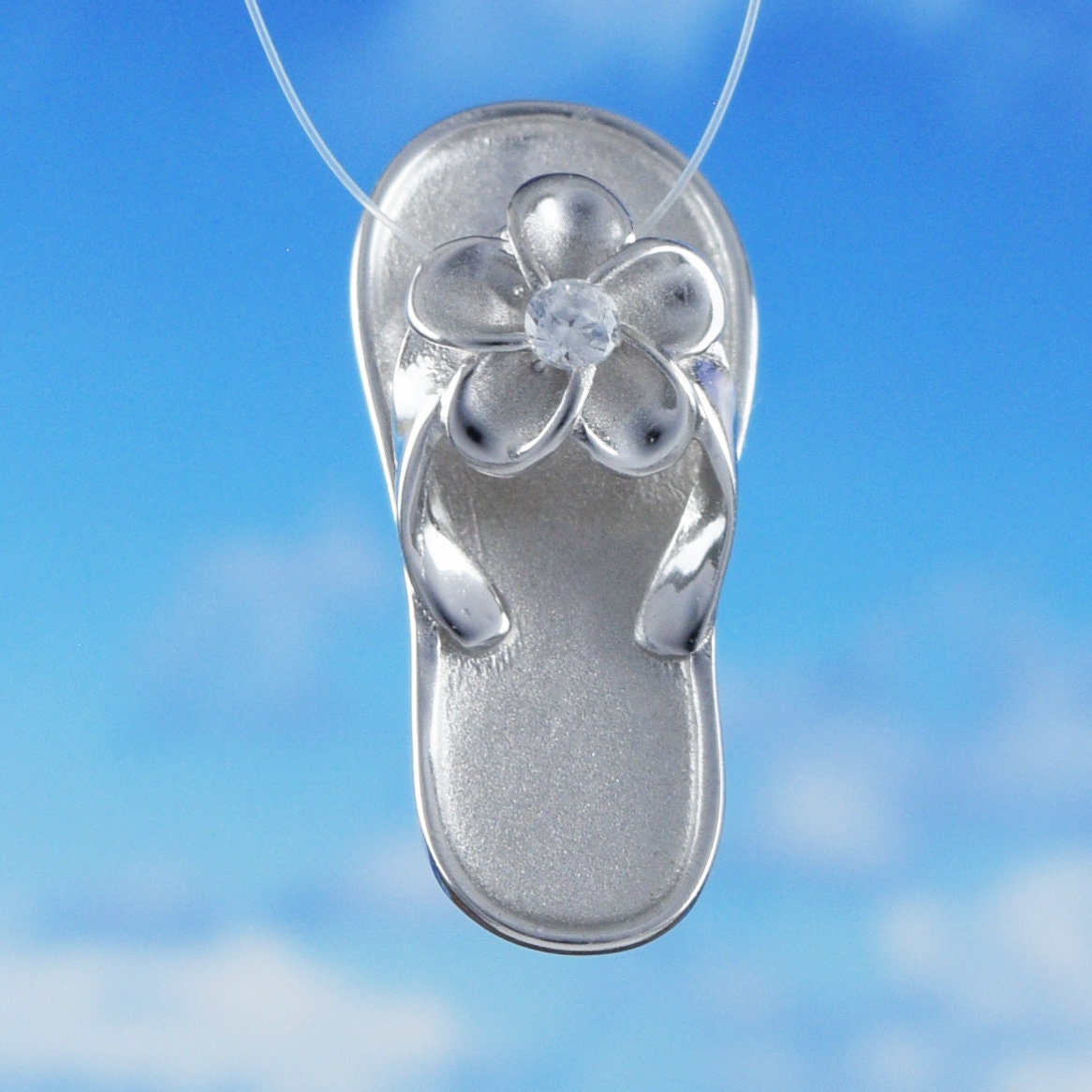 Hawaiian Plumeria Slipper Pendant, Sterling Silver Plumeria CZ Sandal Pendant, Hawaiian Jewelry, Christmas Anniversary Birthday Gift