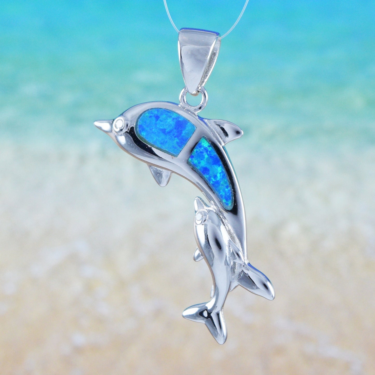 Hawaiian Large Blue Opal Mom & Small Dolphin Pendant, Sterling Silver Blue Opal 2 Dolphin CZ Eye Pendant, Birthday Gift