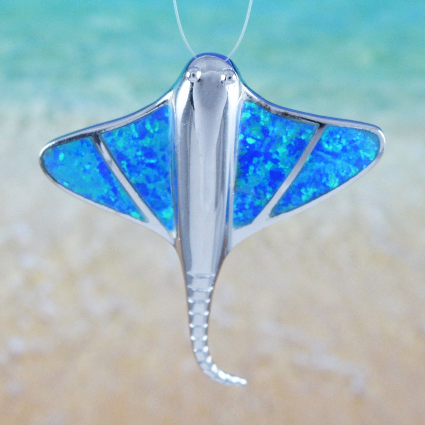 Hawaiian Large Blue Opal Stingray Pendant, Sterling Silver Blue Opal Sting Ray Pendant, Christmas Anniversary Birthday Gift