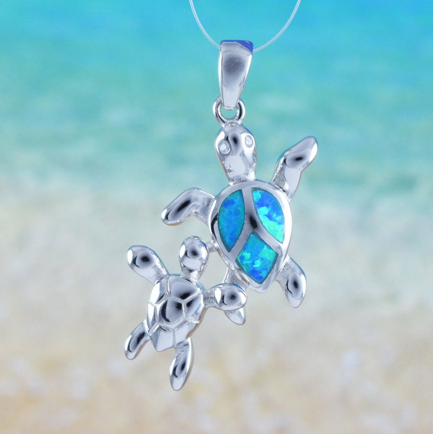 Hawaiian Blue Opal Mom & Small Sea Turtle Pendant, Sterling Silver Blue Opal 2 Turtle CZ Eye Pendant, Christmas Birthday Mom Gift