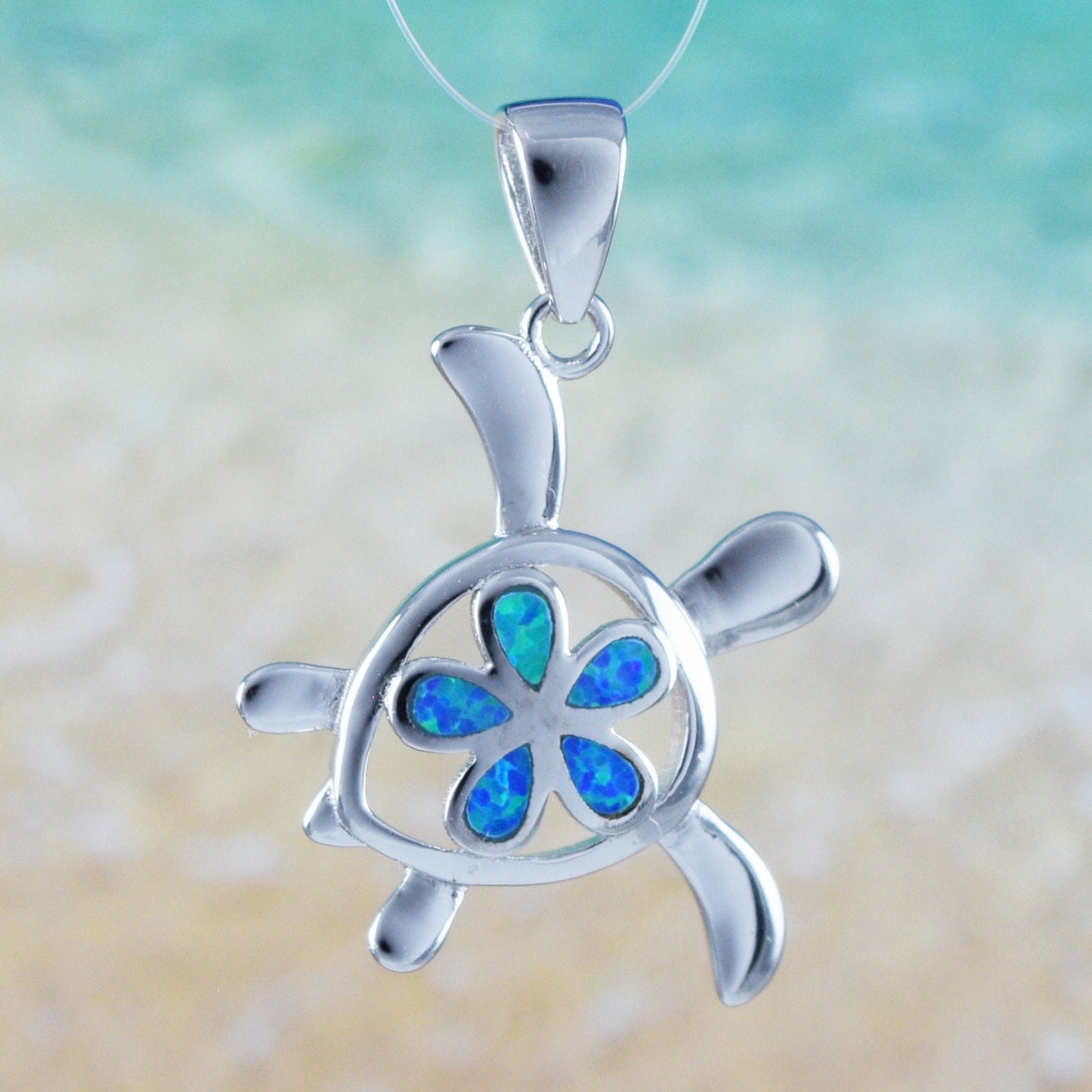 Hawaiian Blue Opal Plumeria Turtle Pendant, Sterling Silver Turtle Blue Opal Plumeria Pendant, Christmas Mom Birthday Gift