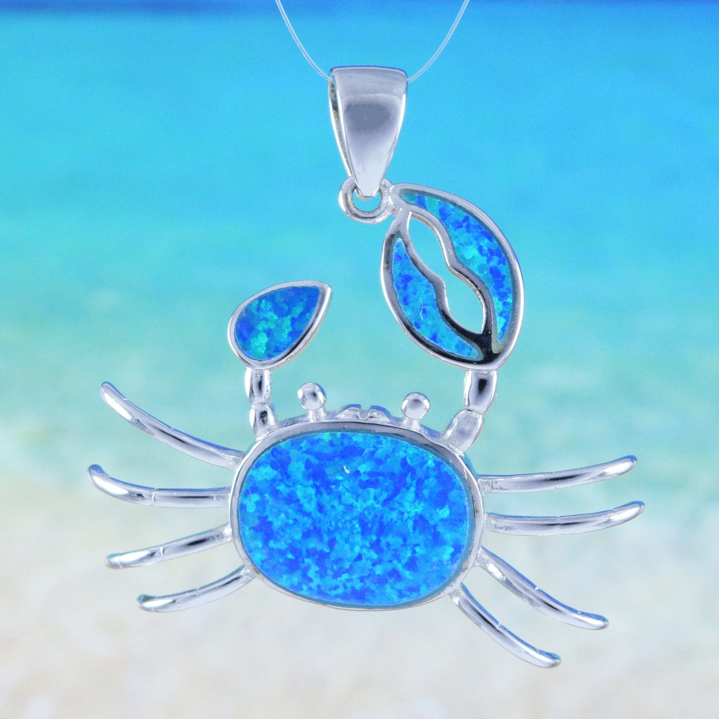 Hawaiian Large Blue Opal Crab Pendant, Sterling Silver Blue Opal Inlay Crab Pendant, Christmas Anniversary Birthday Mom Gift
