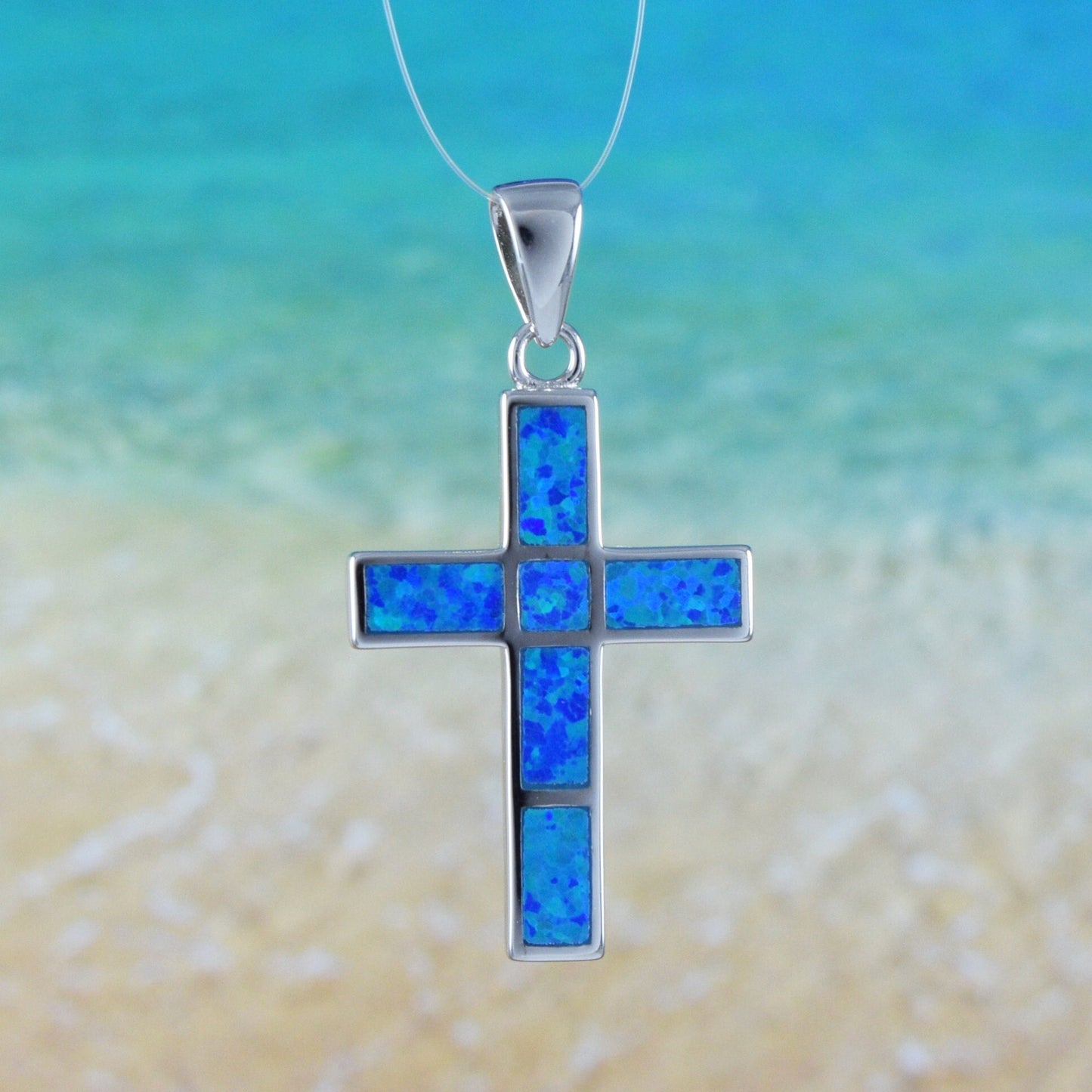 Hawaiian Blue Opal Cross Pendant, Sterling Silver Blue Opal Inlay Cross Pendant, Christmas Anniversary Birthday Gift
