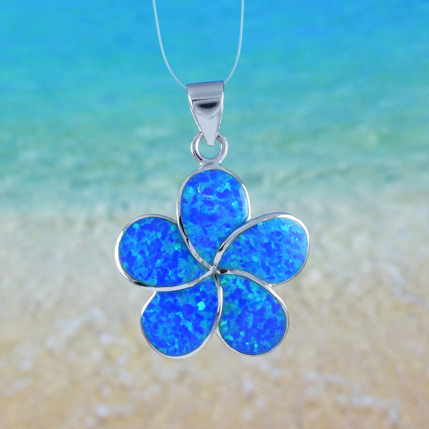 Hawaiian Large Blue Opal Plumeria Pendant, Sterling Silver Blue Opal Inlay Plumeria Pendant, Christmas Mom Birthday Gift