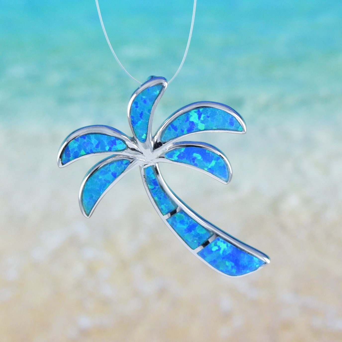 Hawaiian Large Palm Tree Pendant, Sterling Silver Blue Opal Palm Tree Pendant, Hawaiian Jewelry, Christmas Present, Birthday Gift