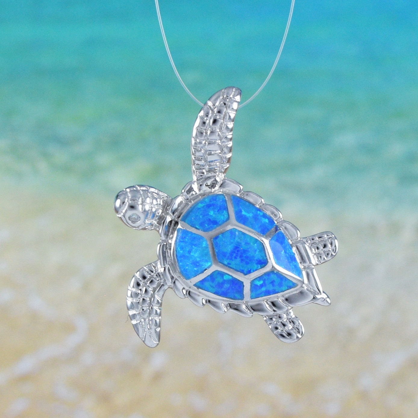 Hawaiian Blue Opal Sea Turtle Pendant, Sterling Silver Blue Opal Inlay Sea Turtle Pendant, Christmas Present, Birthday Gift