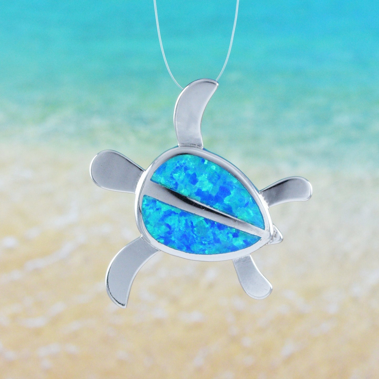 Hawaiian Large Blue Opal Sea Turtle Pendant, Sterling Silver Blue Opal Inlay Sea Turtle Pendant, Mom Christmas Birthday Gift