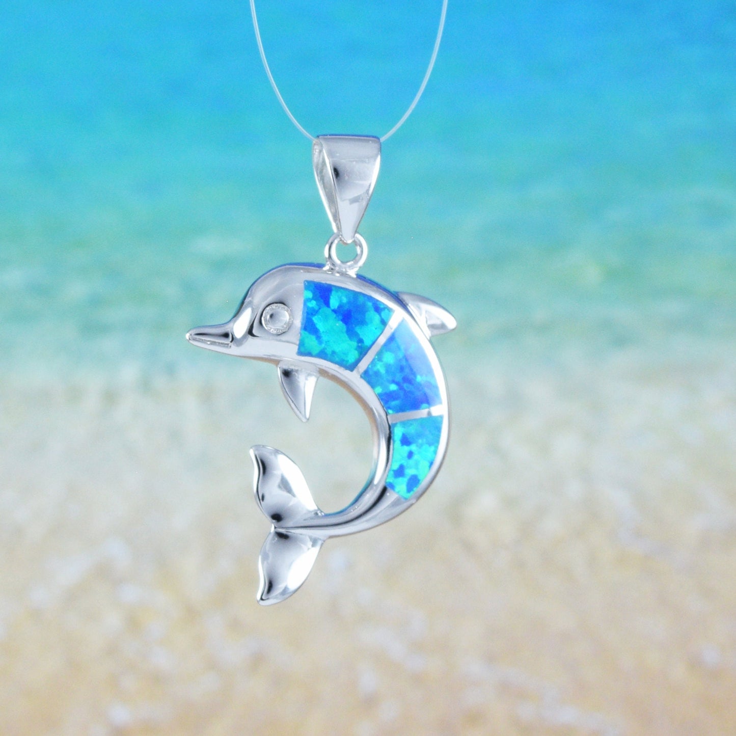 Hawaiian Blue Opal Dolphin Pendant, Sterling Silver Blue Opal Inlay Dolphin Pendant, Christmas Anniversary Birthday Mom Gift