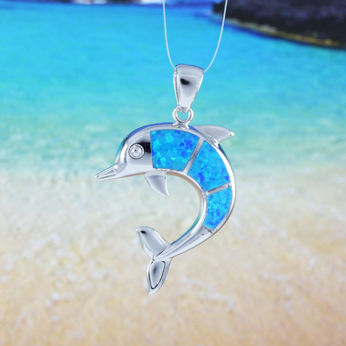 Hawaiian Large Blue Opal Dolphin Pendant, Sterling Silver Blue Opal Inlay Dolphin Pendant, Christmas Mom Anniversary Birthday Gift