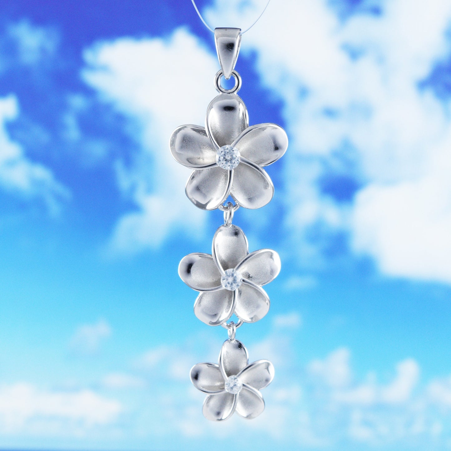 Hawaiian Large 3 Plumeria Pendant, Sterling Silver 3 Plumeria CZ Pendant, Hawaiian Jewelry, Christmas Anniversary Birthday Gift