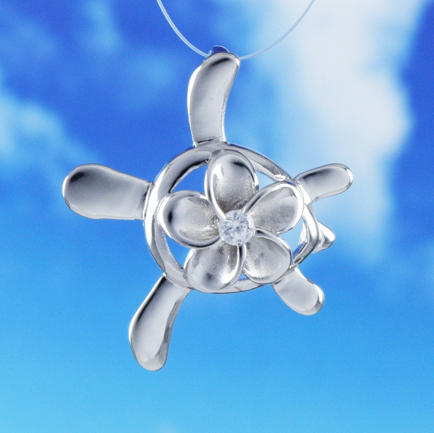 Hawaiian Sea Turtle Plumeria Pendant, Sterling Silver Turtle Plumeria CZ Pendant, Christmas Anniversary Birthday Gift