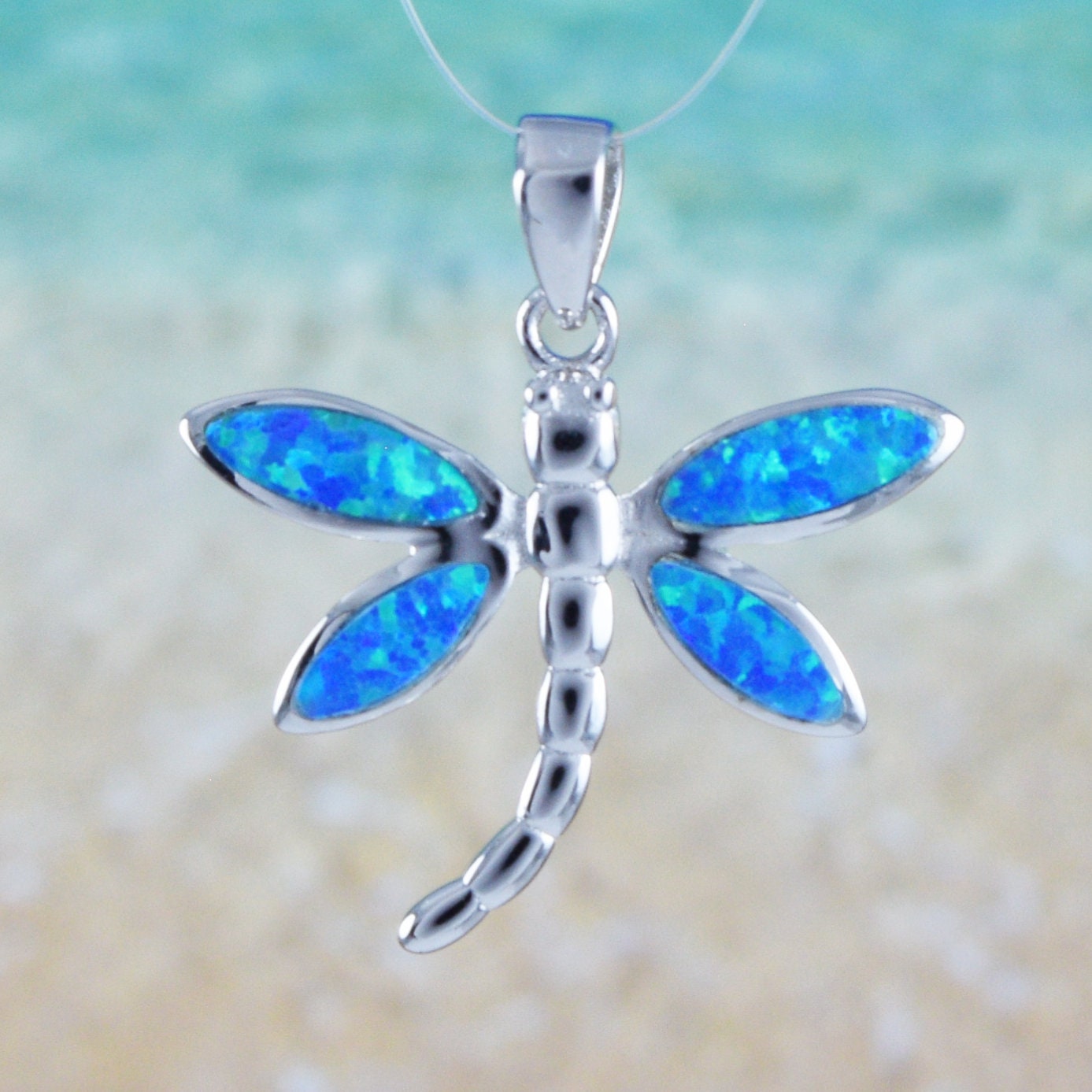 Hawaiian Blue Opal Dragonfly Pendant, Sterling Silver Blue Opal Inlay Dragonfly Pendant, Christmas Present, Birthday Gift