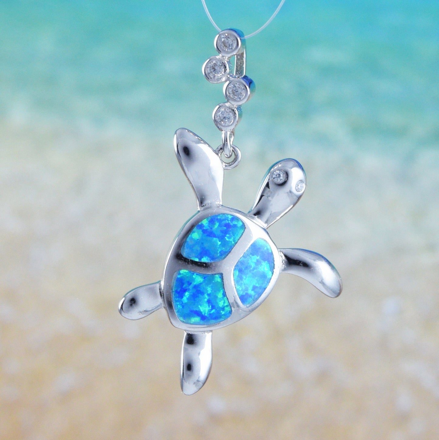 Hawaiian Blue Opal Sea Turtle Pendant, Sterling Silver Blue Opal Inlay Sea Turtle CZ Pendant, Christmas Mom Birthday Gift