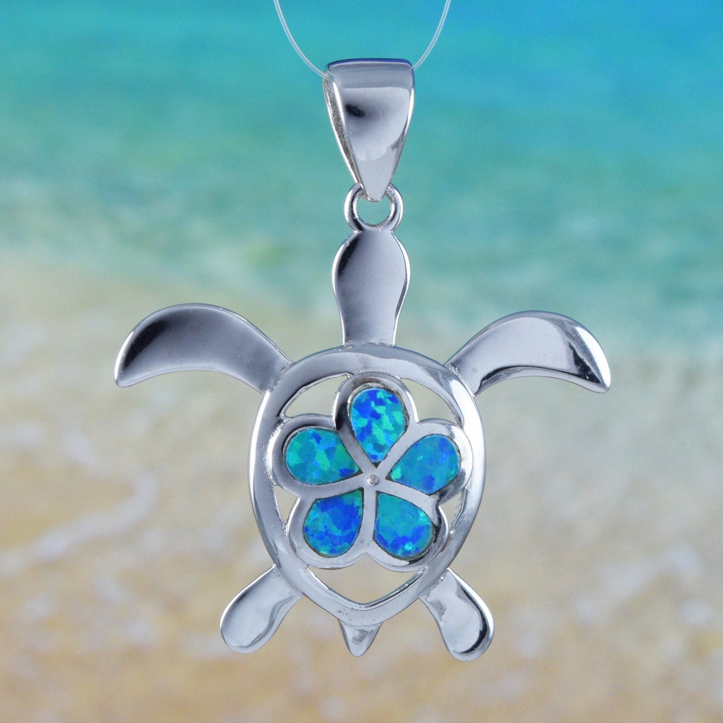 Hawaiian Large Plumeria Sea Turtle Pendant, Sterling Silver Turtle w. Blue Opal Plumeria Pendant, Christmas Birthday Gift