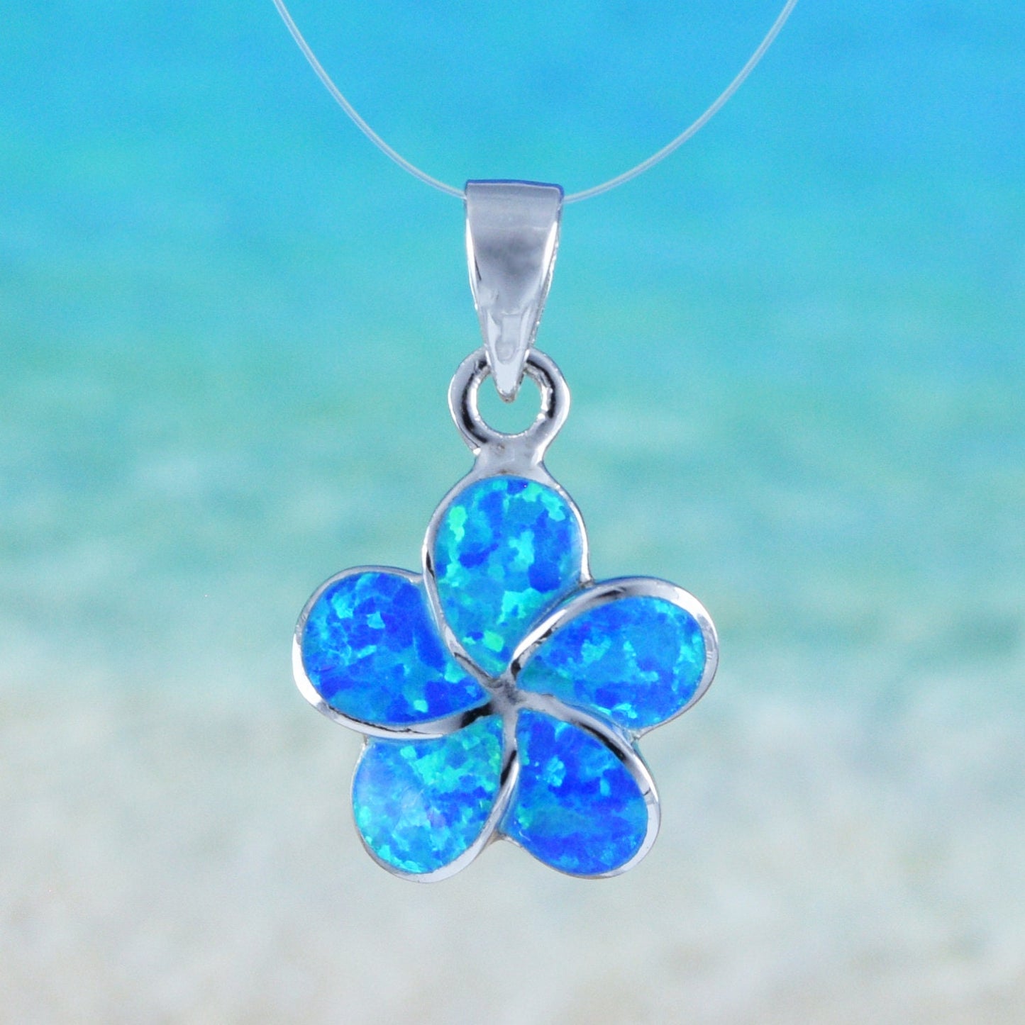 Hawaiian Blue Opal Plumeria Pendant, Silver Blue Opal Inlay Plumeria Charm, Hawaiian Jewelry, Christmas Anniversary Birthday Gift