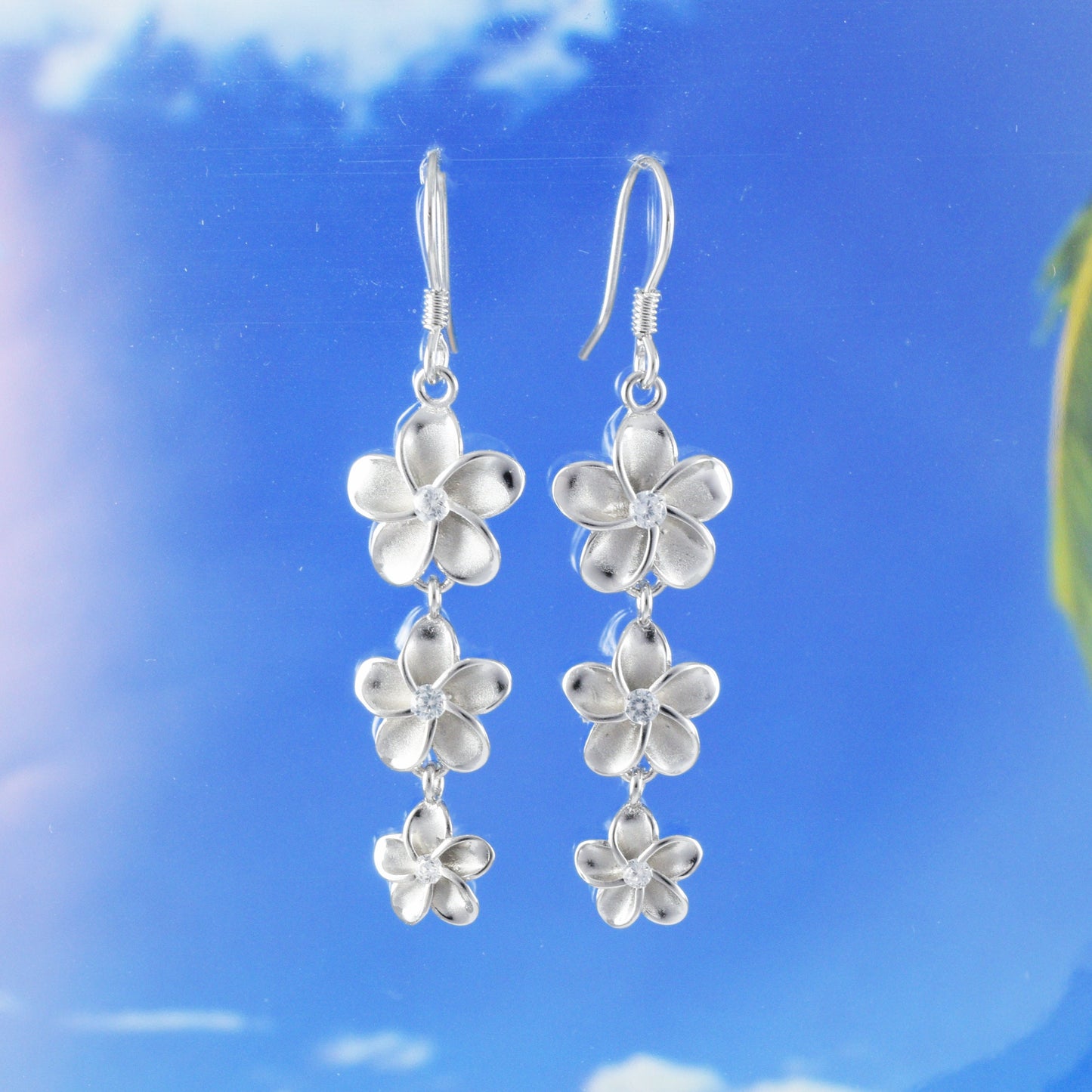 Hawaiian Large 3 Plumeria Earrings, Sterling Silver 3 Plumeria CZ Dangle Earrings, Hawaiian Jewelry, Christmas Present, Birthday Gift