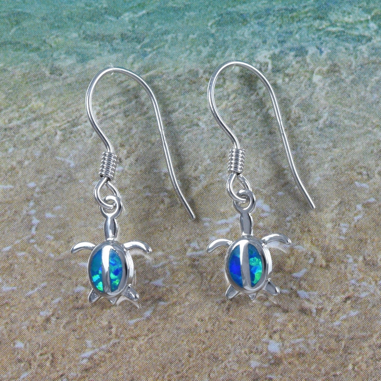 Hawaiian Small Blue Opal Sea Turtle Earrings, Sterling Silver Blue Opal Inlay Turtle Dangle Earrings, Christmas Birthday Gift