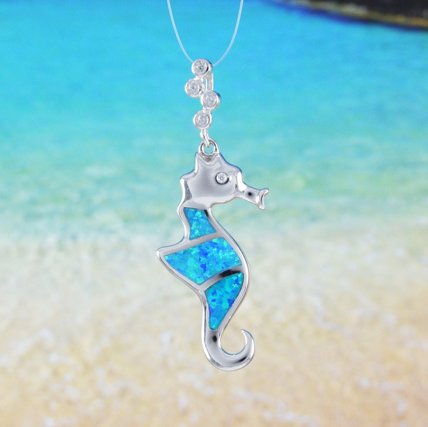 Hawaiian Blue Opal Seahorse Pendant, Sterling Silver Blue Opal Sea Horse CZ Pendant, Christmas Anniversary Birthday Mom Gift