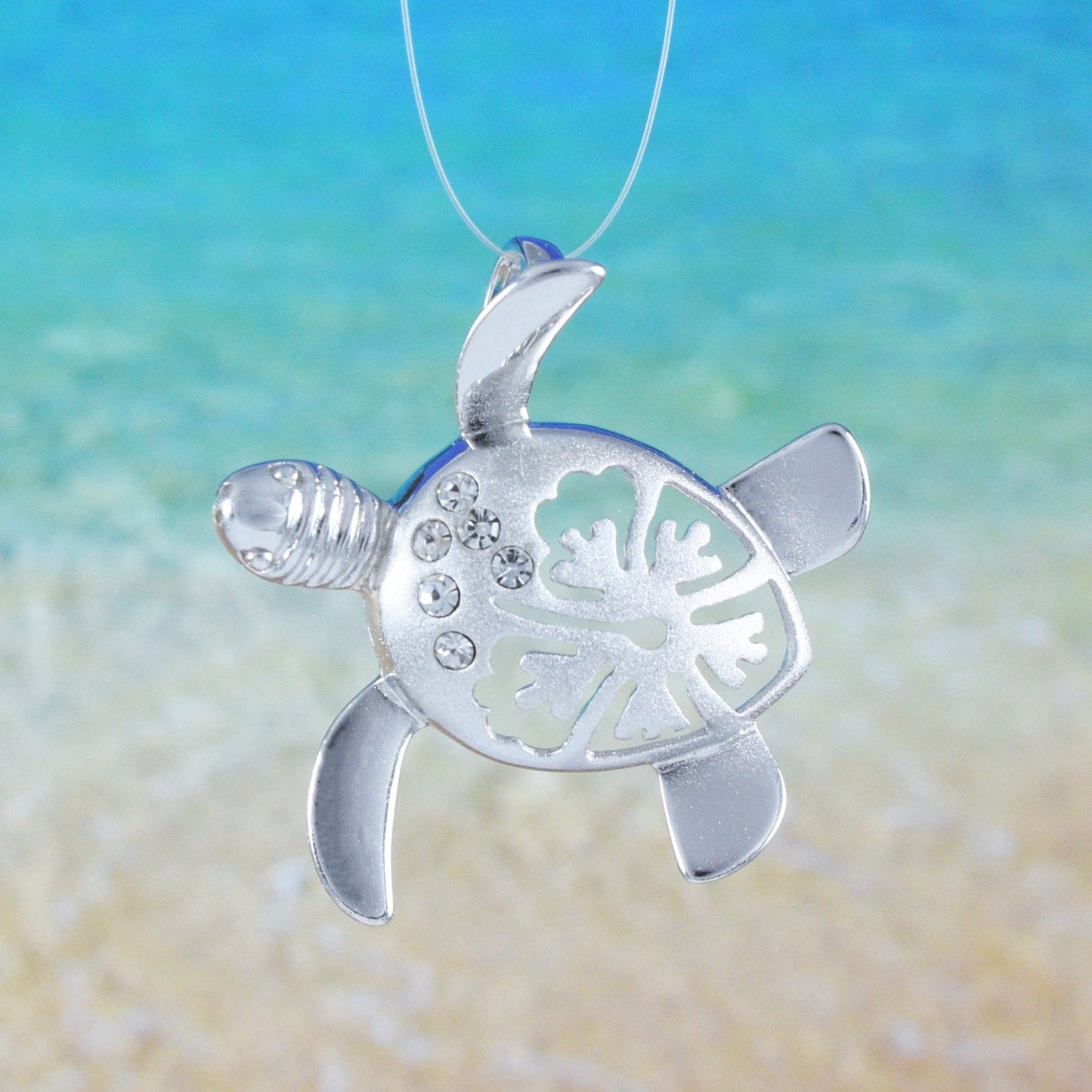 Hawaiian Sea Turtle Hibiscus Pendant, Sterling Silver Turtle W. Hibiscus CZ Pendant, Christmas Anniversary Birthday Gift