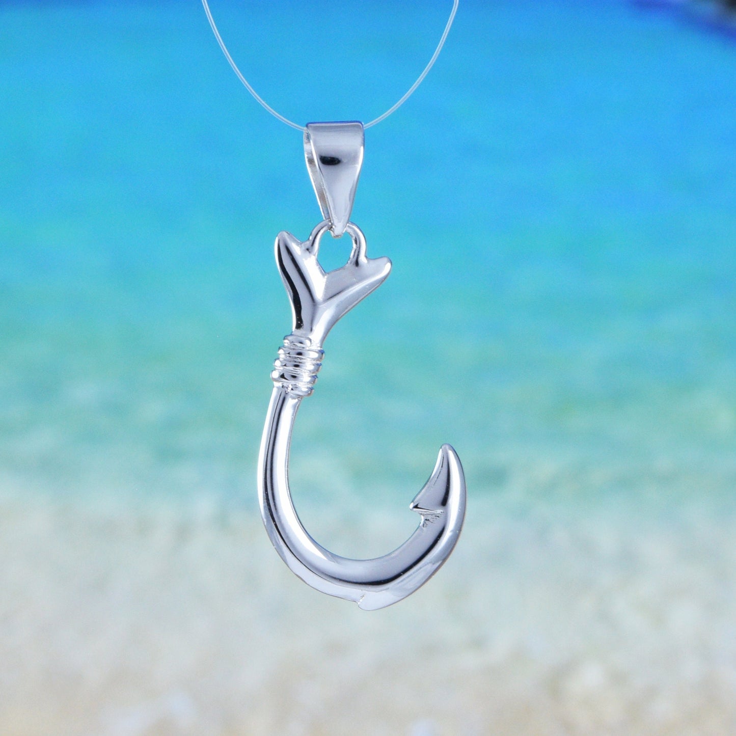 Hawaiian 3D Fish Hook Pendant, Sterling Silver Fish Hook Charm Pendant, Hawaiian Jewelry, Christmas Anniversary Birthday Gift