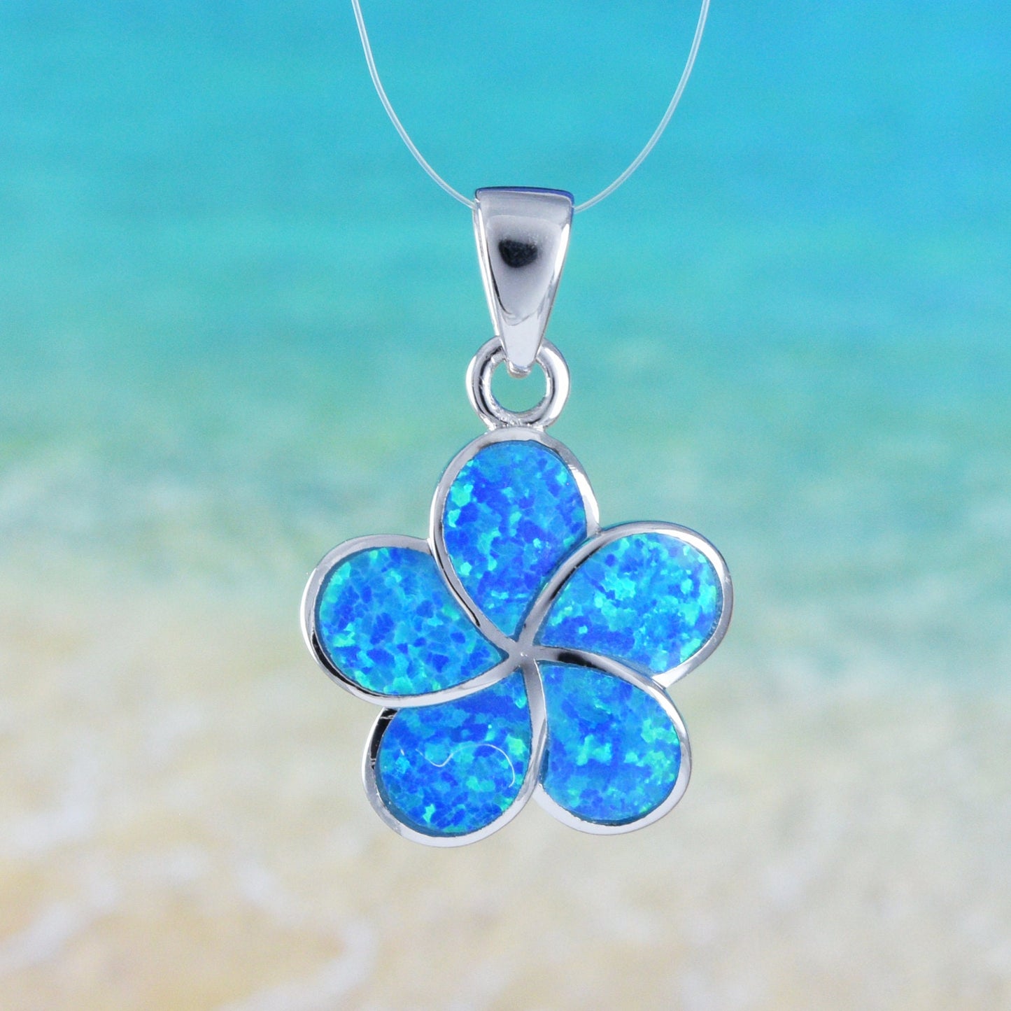 Hawaiian Blue Opal Plumeria Pendant, Silver Blue Opal Inlay Plumeria Pendant, Christmas Anniversary Birthday Mom Gift