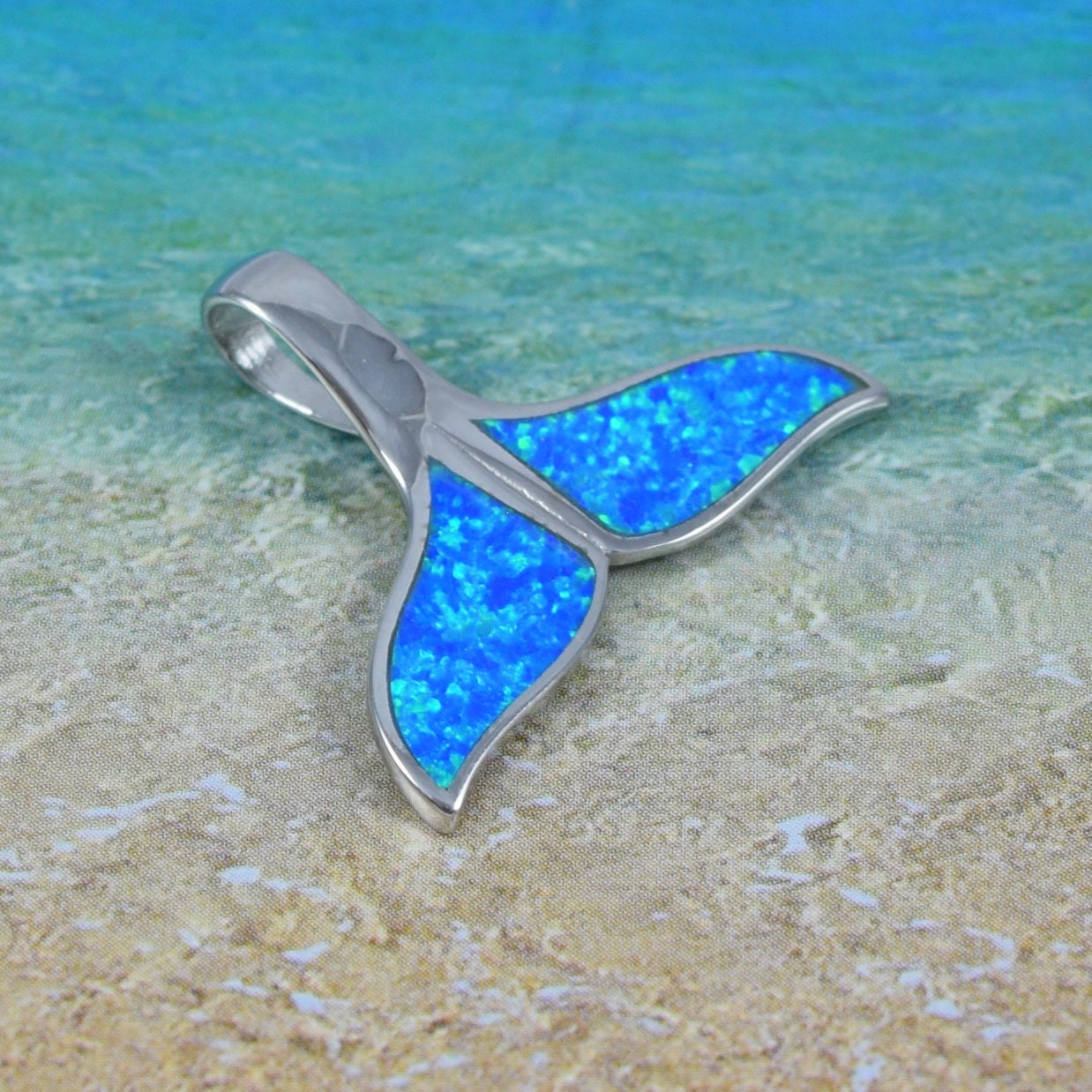 Hawaiian Blue Opal Whale Tail Pendant, Sterling Silver Blue Opal Inlay Whale Tail Pendant, Christmas Present Birthday Gift