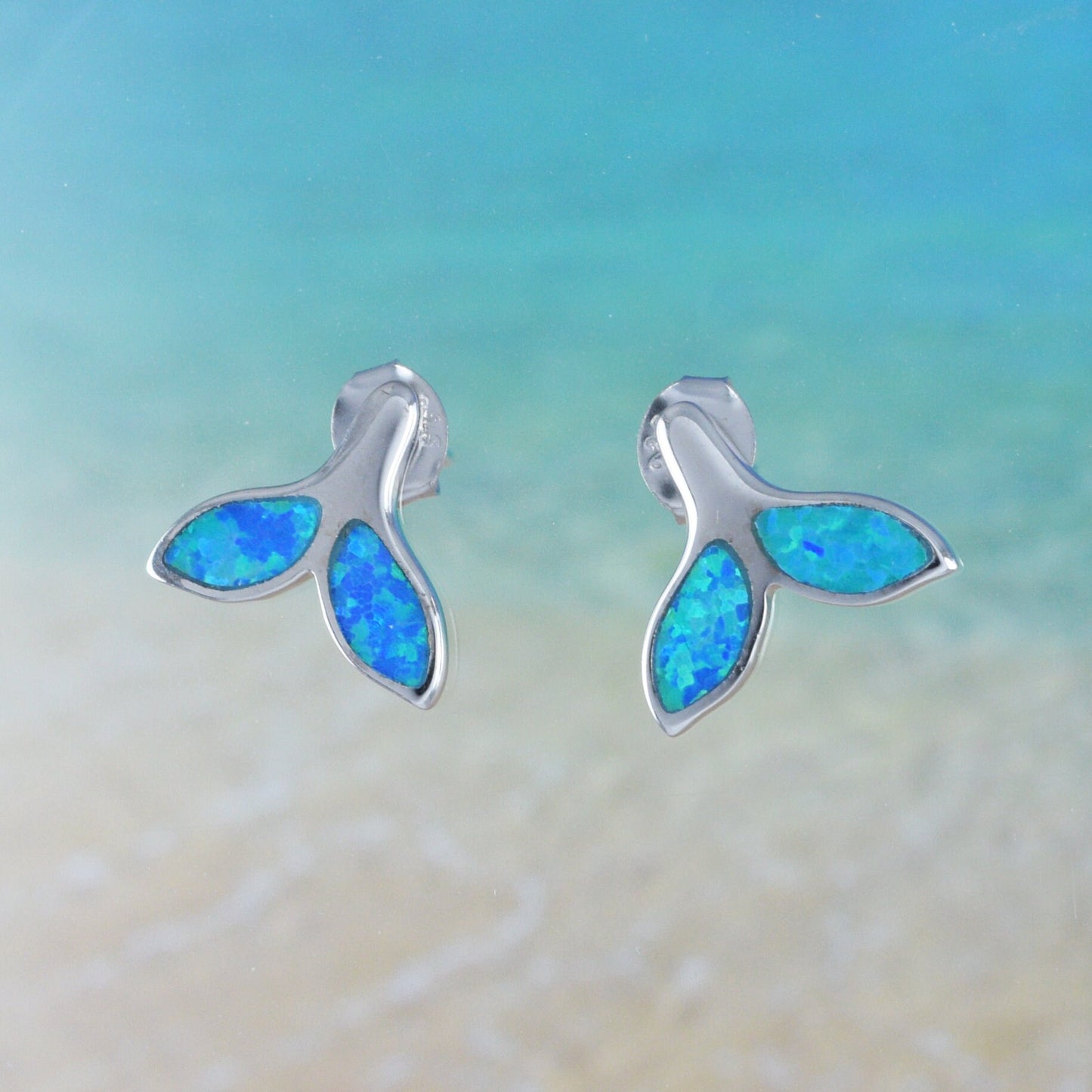 Hawaiian Blue Opal Dolphin Tail Earrings, Sterling Silver Blue Opal Dolphin Tail Stud Earrings, Christmas Mom Birthday Gift