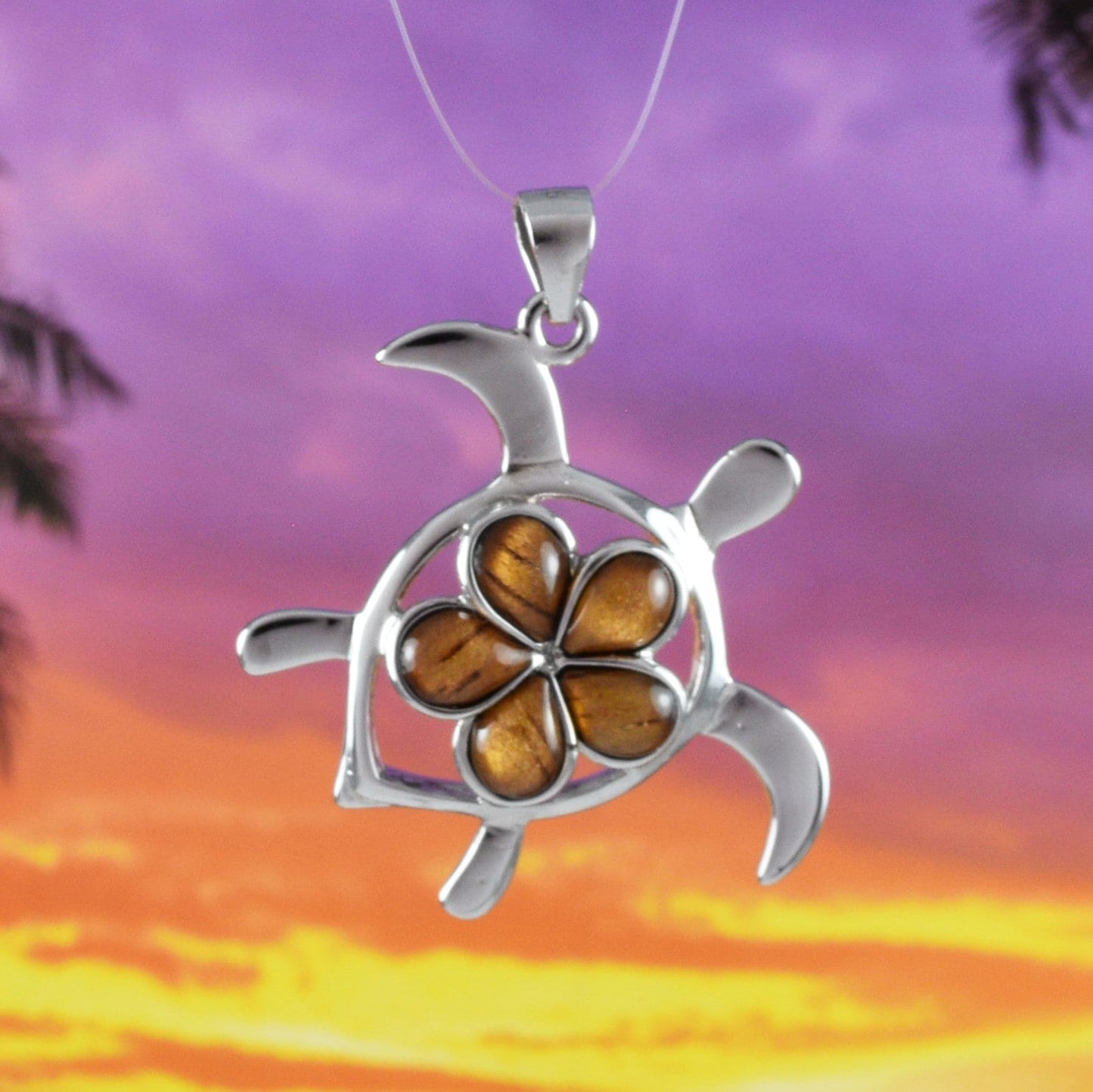 Hawaiian Large Genuine Koa Wood Sea Turtle Pendant, Sterling Silver Koa Wood Plumeria Turtle Pendant, N8506 Birthday Mom Gift