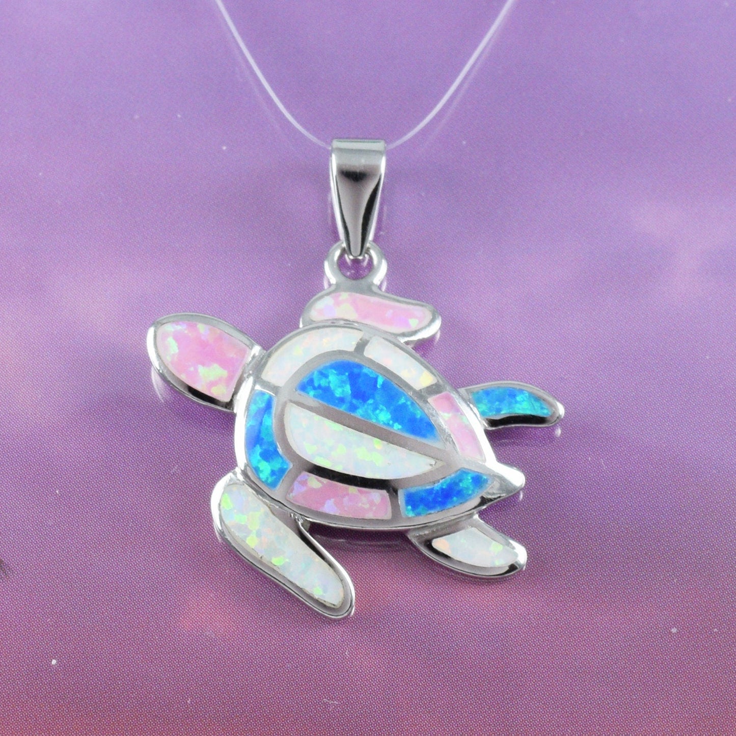 Hawaiian Tri-color Opal Sea Turtle Pendant, Sterling Silver Blue White Pink Opal Turtle Pendant, N8367 Birthday Mom Gift
