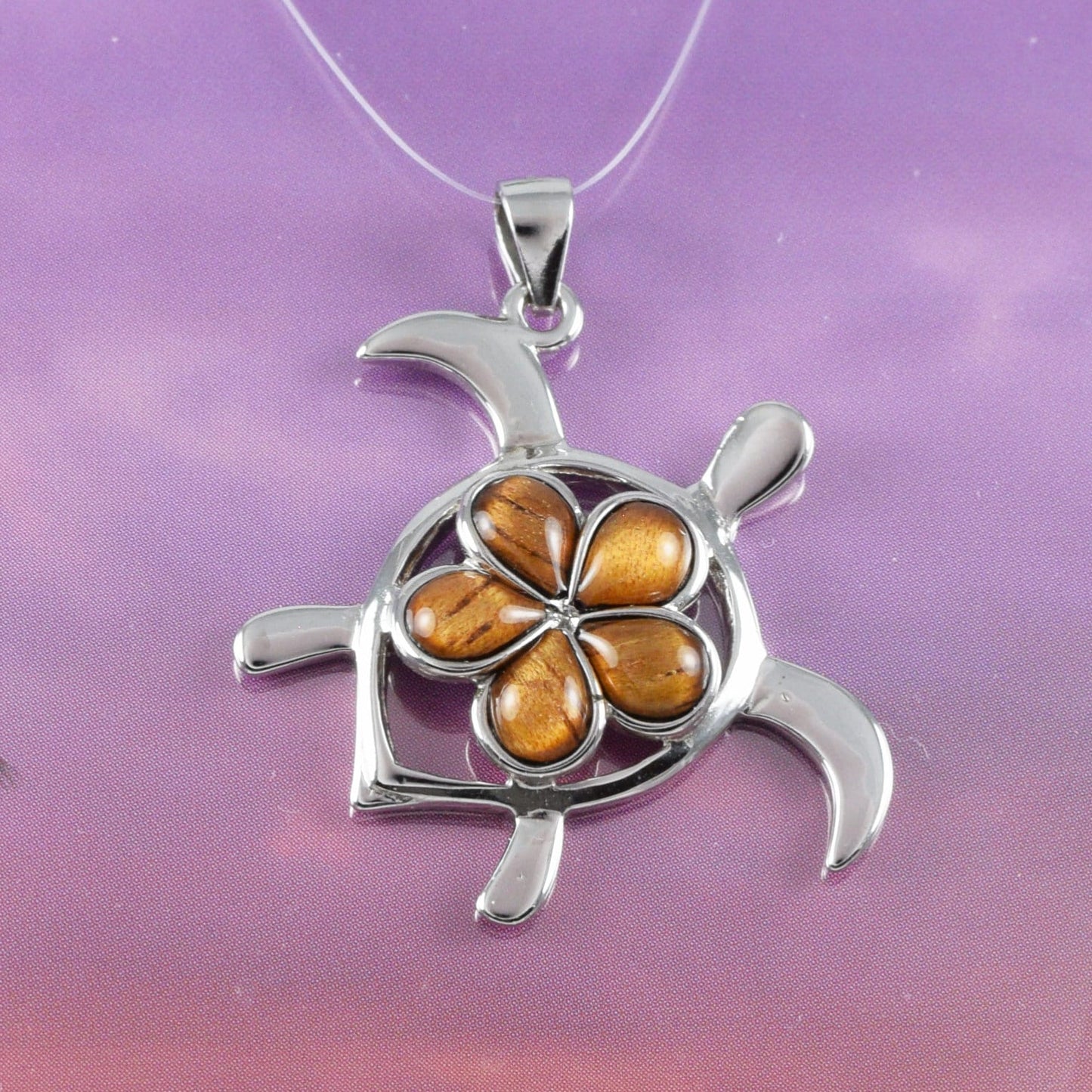 Hawaiian Large Genuine Koa Wood Sea Turtle Pendant, Sterling Silver Koa Wood Plumeria Turtle Pendant, N8506 Birthday Mom Gift