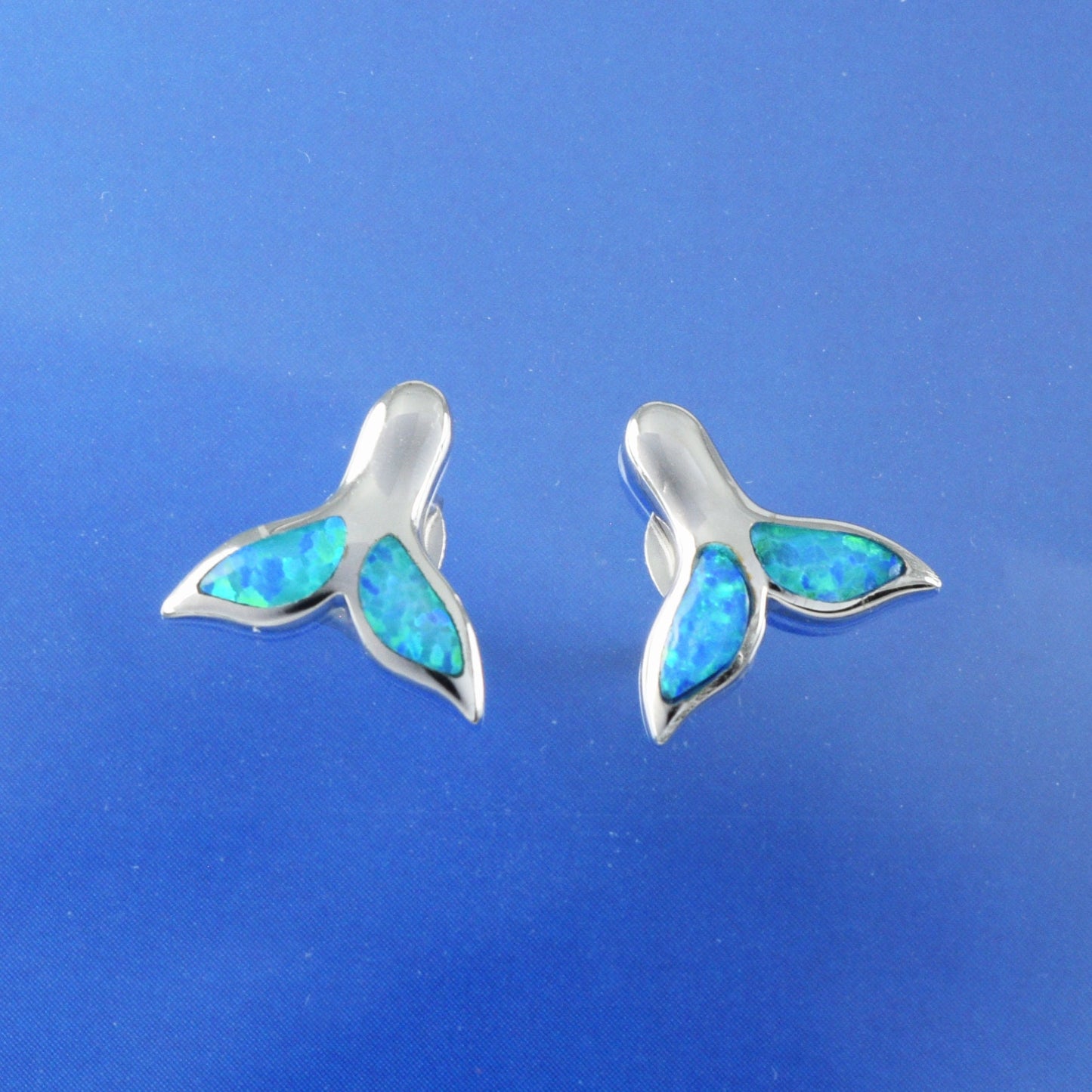 Hawaiian Blue Opal Dolphin Tail Earrings, Sterling Silver Blue Opal Dolphin Tail Stud Earrings, Christmas Birthday Gift