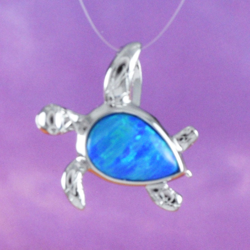Hawaiian Blue Opal Sea Turtle Pendant, Sterling Silver Blue Opal Turtle Pendant, N8373 Birthday Mom Mother Gift, Statement PC