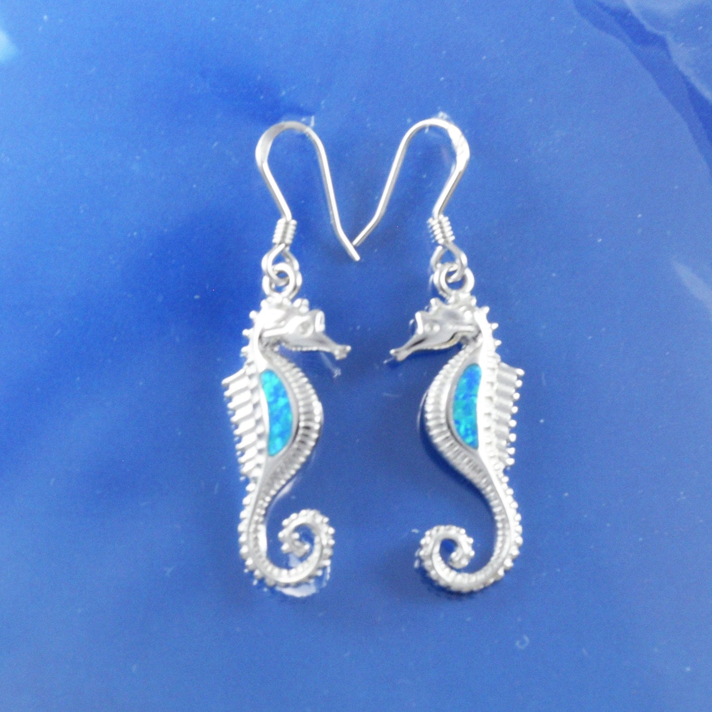 Hawaiian Large Blue Opal Seahorse Earrings, Sterling Silver Blue Opal Inlay Seahorse Dangle Earrings, Christmas Mom Birthday Gift
