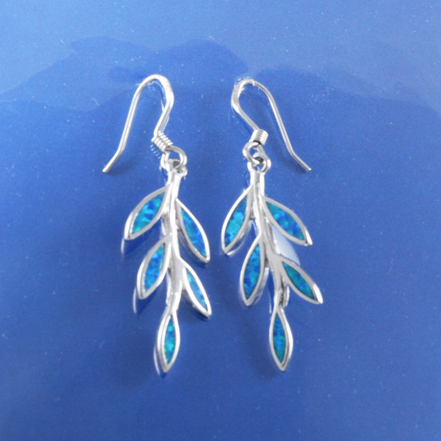 Hawaiian Blue Opal Maile Leaf Earrings, Sterling Silver Blue Opal Inlay Maile Leaf Dangle Earrings, Christmas Mom Birthday Gift