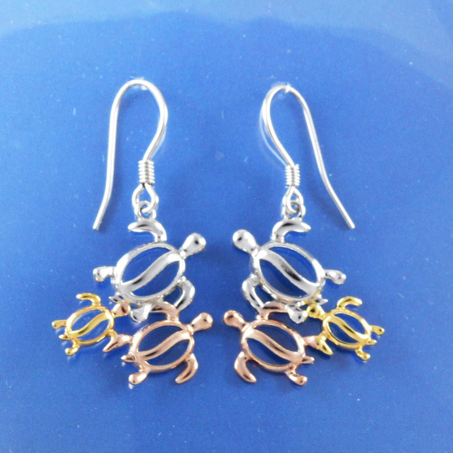Hawaiian Tri-color Sea Turtle Family Earrings, Sterling Silver 3-Tone Turtle Dangle Earrings, Hawaiian Jewelry, Christmas Mom Birthday Gift