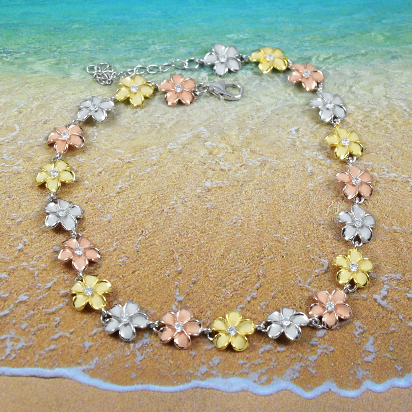 Adjustable Hawaiian Tri-color Plumeria Ankle Bracelet, Sterling Silver 3-Tone Plumeria CZ Anklet, Christmas Mother Mom Birthday Gift