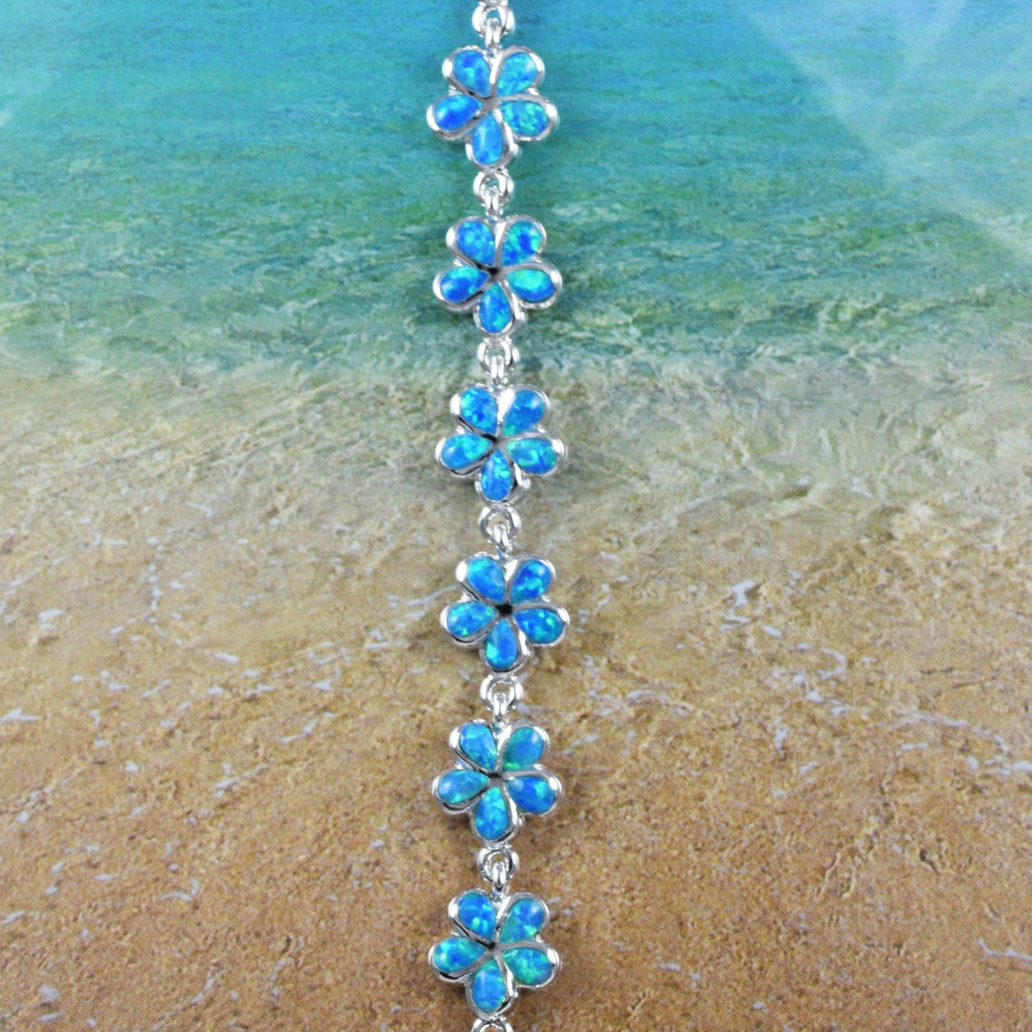 Hawaiian Blue Opal Plumeria Flower Bracelet, Sterling Silver Blue Opal Plumeria Bracelet, Christmas Mom Birthday Gift