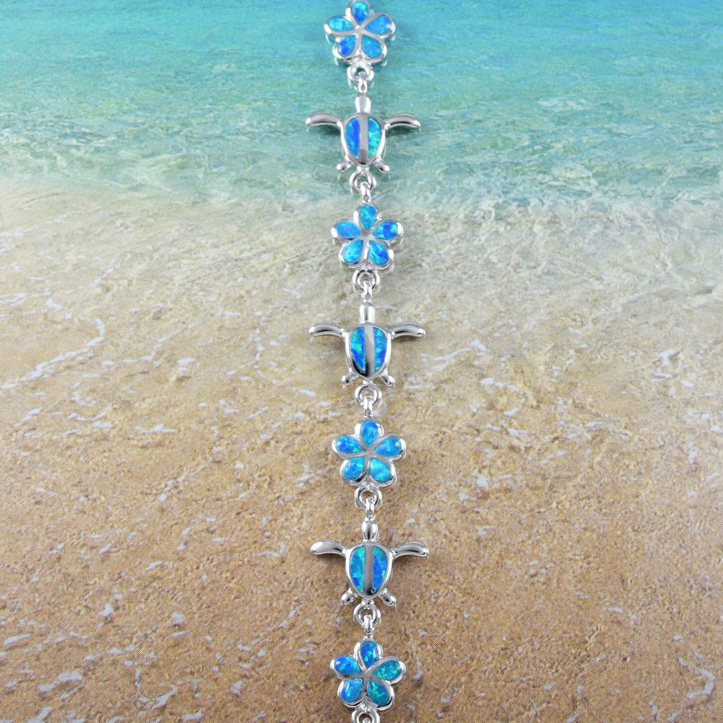 Hawaiian Blue Opal Plumeria Sea Turtle Bracelet, Sterling Silver Sea Turtle Flower Bracelet, Christmas Anniversary Birthday Mom Gift