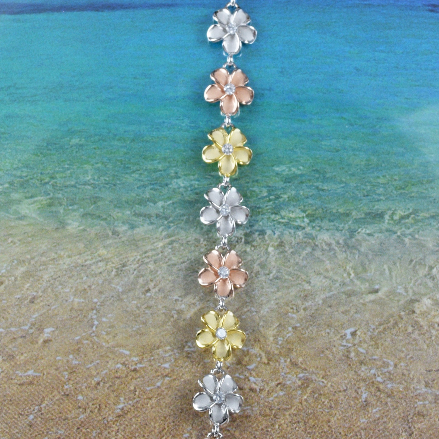 Adjustable Hawaiian Tri-color Plumeria Ankle Bracelet, Sterling Silver 3-Tone Plumeria CZ Anklet, Christmas Mother Mom Birthday Gift