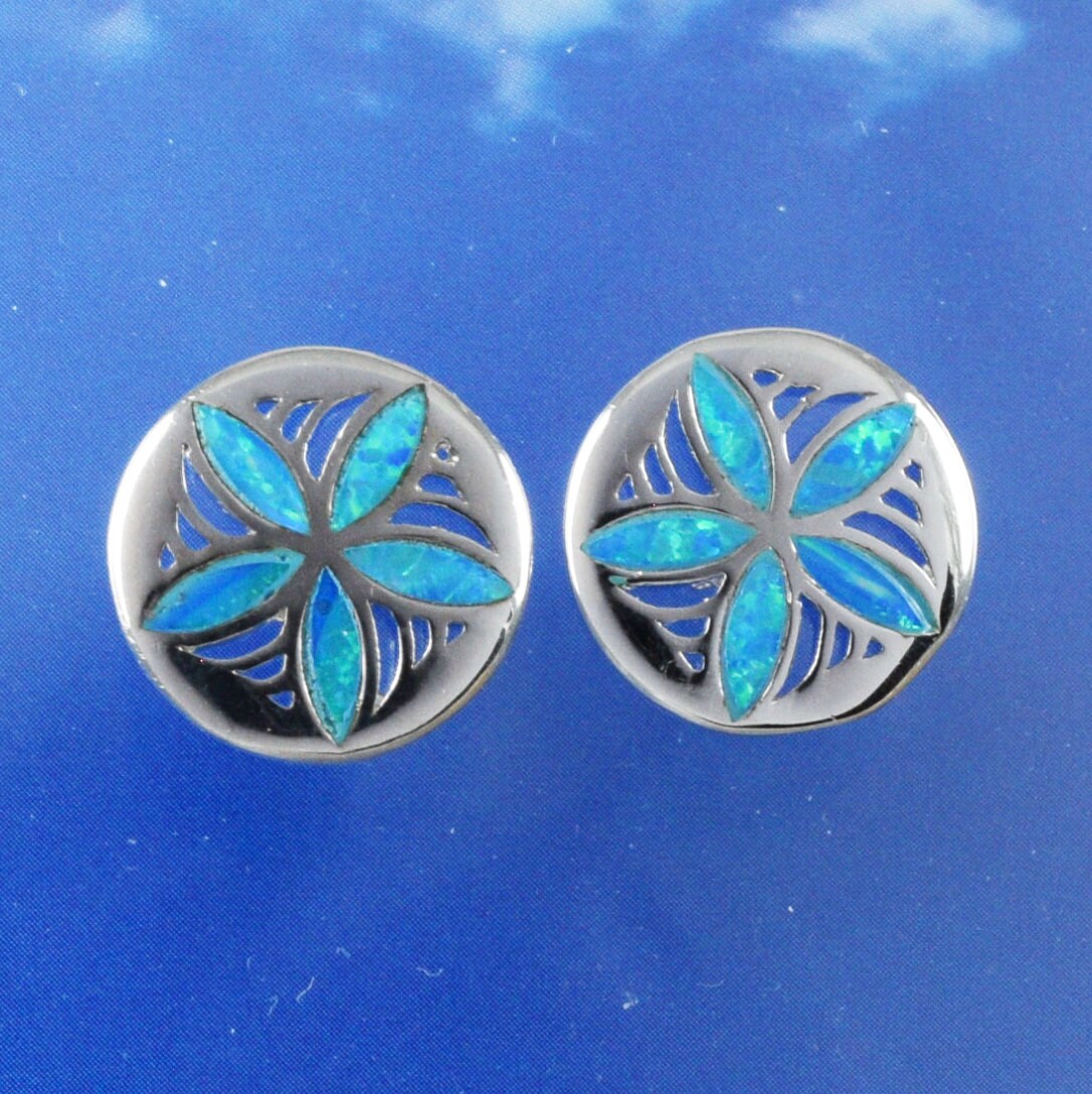 Hawaiian Blue Opal Sand Dollar Earrings, Sterling Silver Opal Sand Dollar Stud Earrings, Hawaiian Jewelry, Christmas Mom Birthday Gift