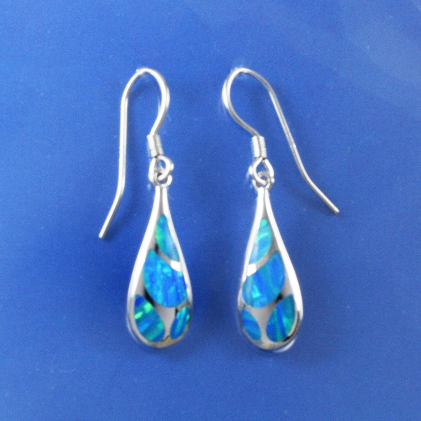 Hawaiian Blue Opal Rain Drop Earrings, Sterling Silver Blue Opal Inlay Rain Drop Dangle Earrings, Christmas Mom Birthday Gift