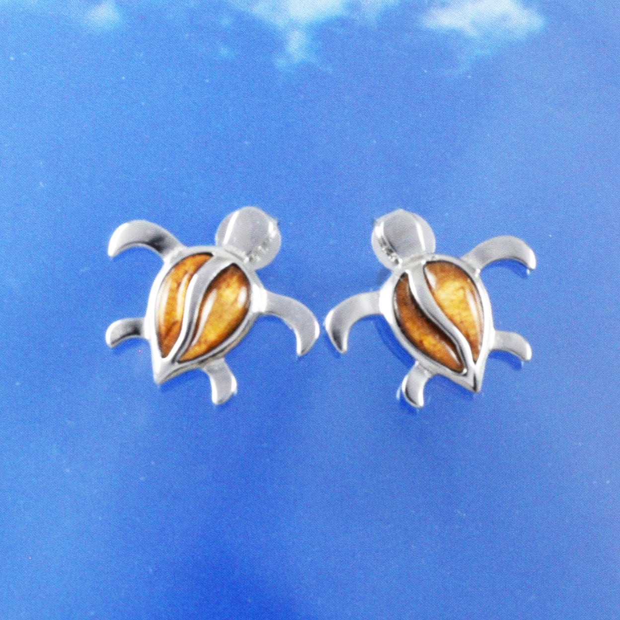 Hawaiian Genuine Koa Wood Sea Turtle Earrings, Sterling Silver Koa Wood Inlay Sea Turtle Stud Post Earrings, Hawaiian Jewelry