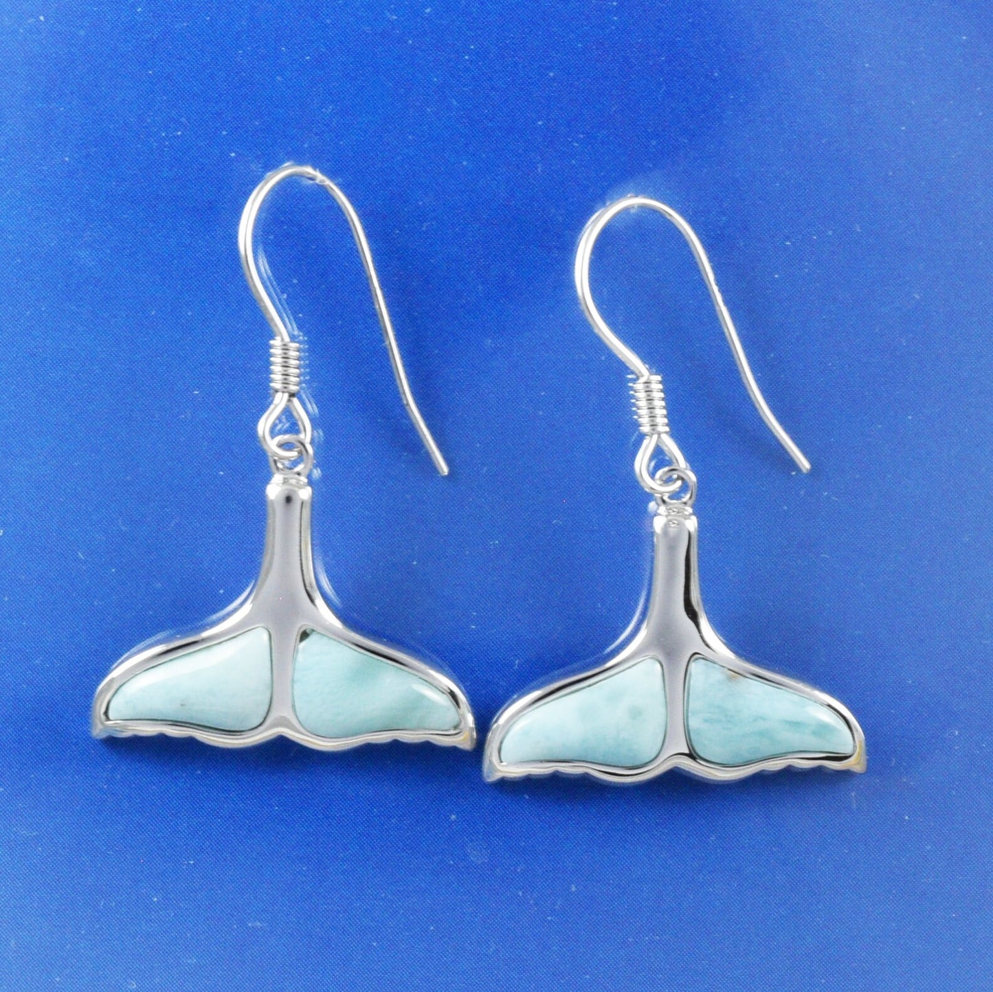 Hawaiian Large Genuine Larimar Dolphin Tail Earrings, Sterling Silver Larimar Dolphin Tail Dangle Earrings, Christmas Mom Birthday Gift