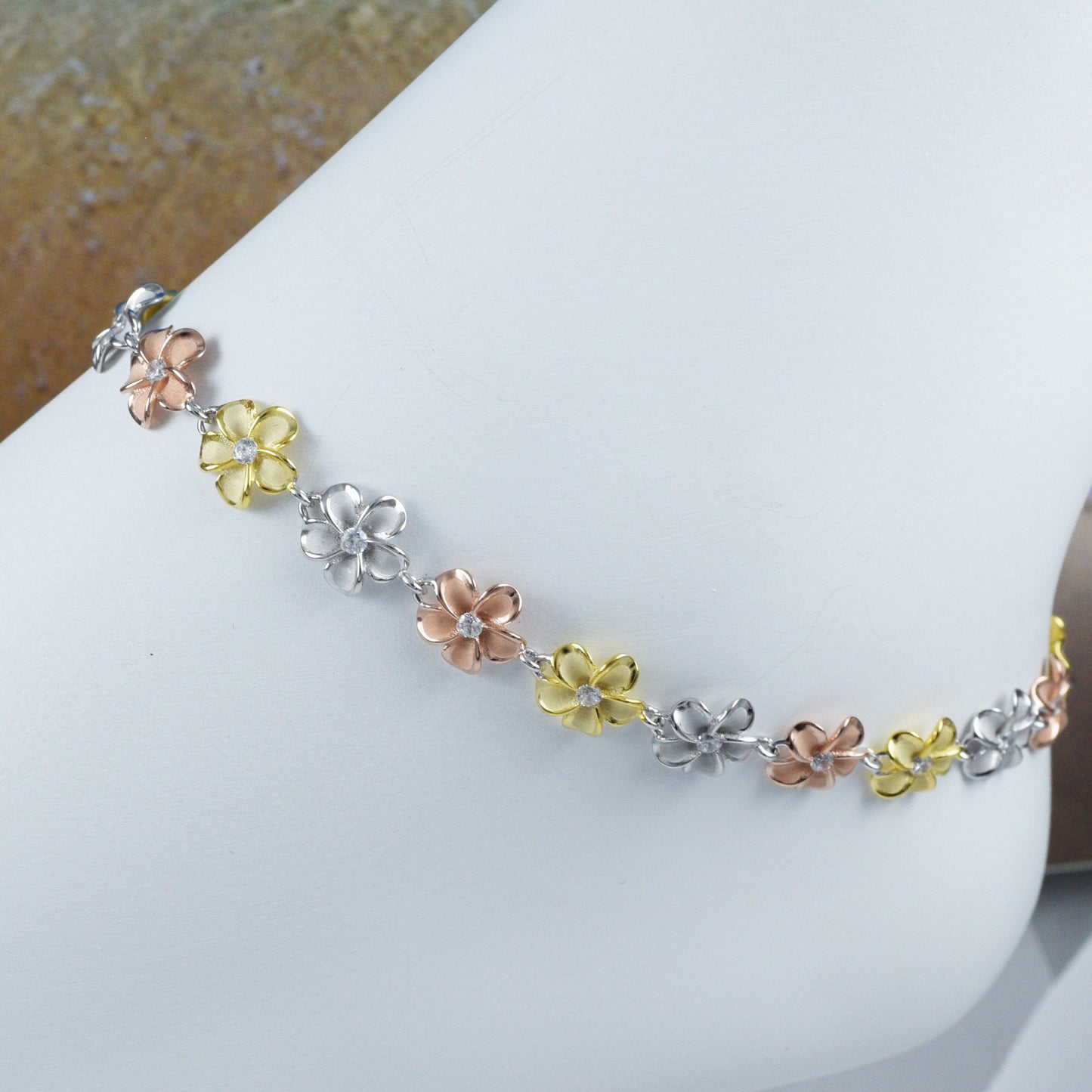 Adjustable Hawaiian Tri-color Plumeria Ankle Bracelet, Sterling Silver 3-Tone Plumeria CZ Anklet, Christmas Mother Mom Birthday Gift