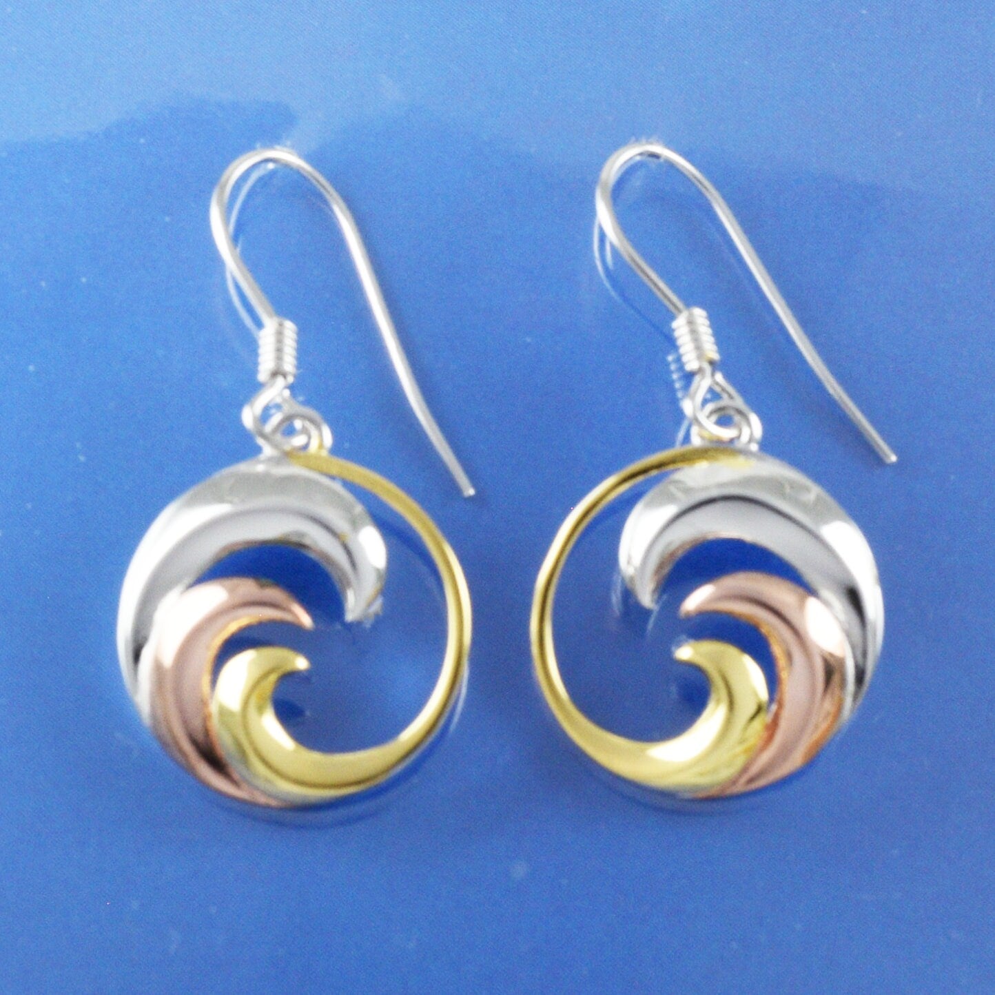 Hawaiian Tri-Color Ocean Wave Earrings, Sterling Silver 3-Tone Ocean Wave Dangle Earrings, Christmas Anniversary Birthday Gift