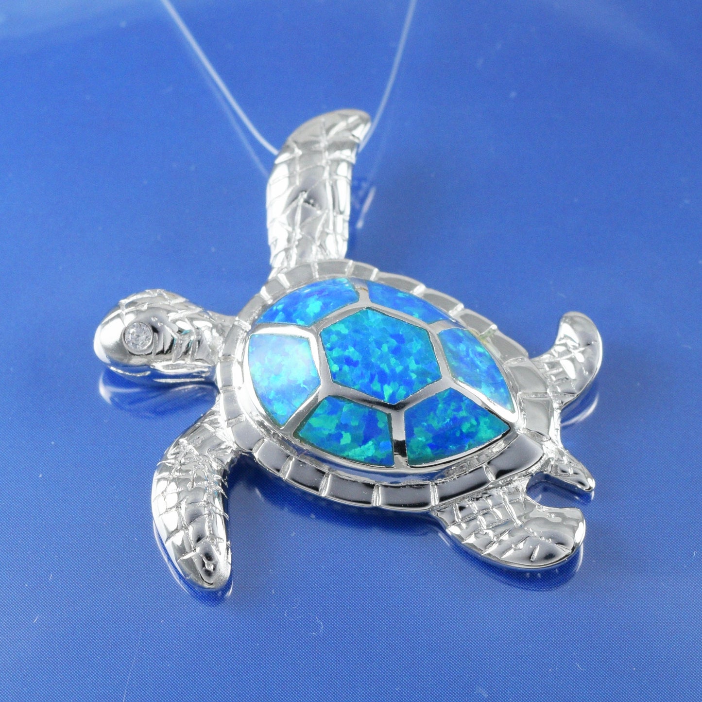 Hawaiian X-Large Blue Opal Sea Turtle Pendant, Sterling Silver Blue Opal Inlay Sea Turtle Pendant, Christmas Birthday Gift