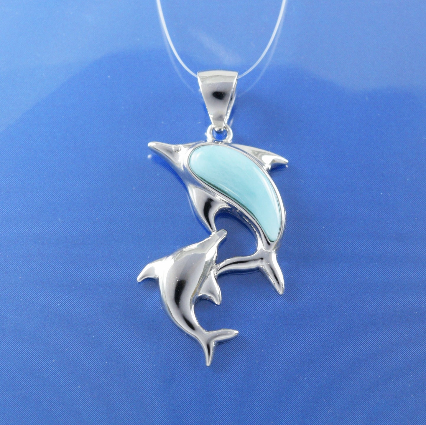 Hawaiian Genuine Larimar Mom & Small Dolphin Pendant, Sterling Silver Larimar 2 Dolphin Pendant, Birthday Mom Gift