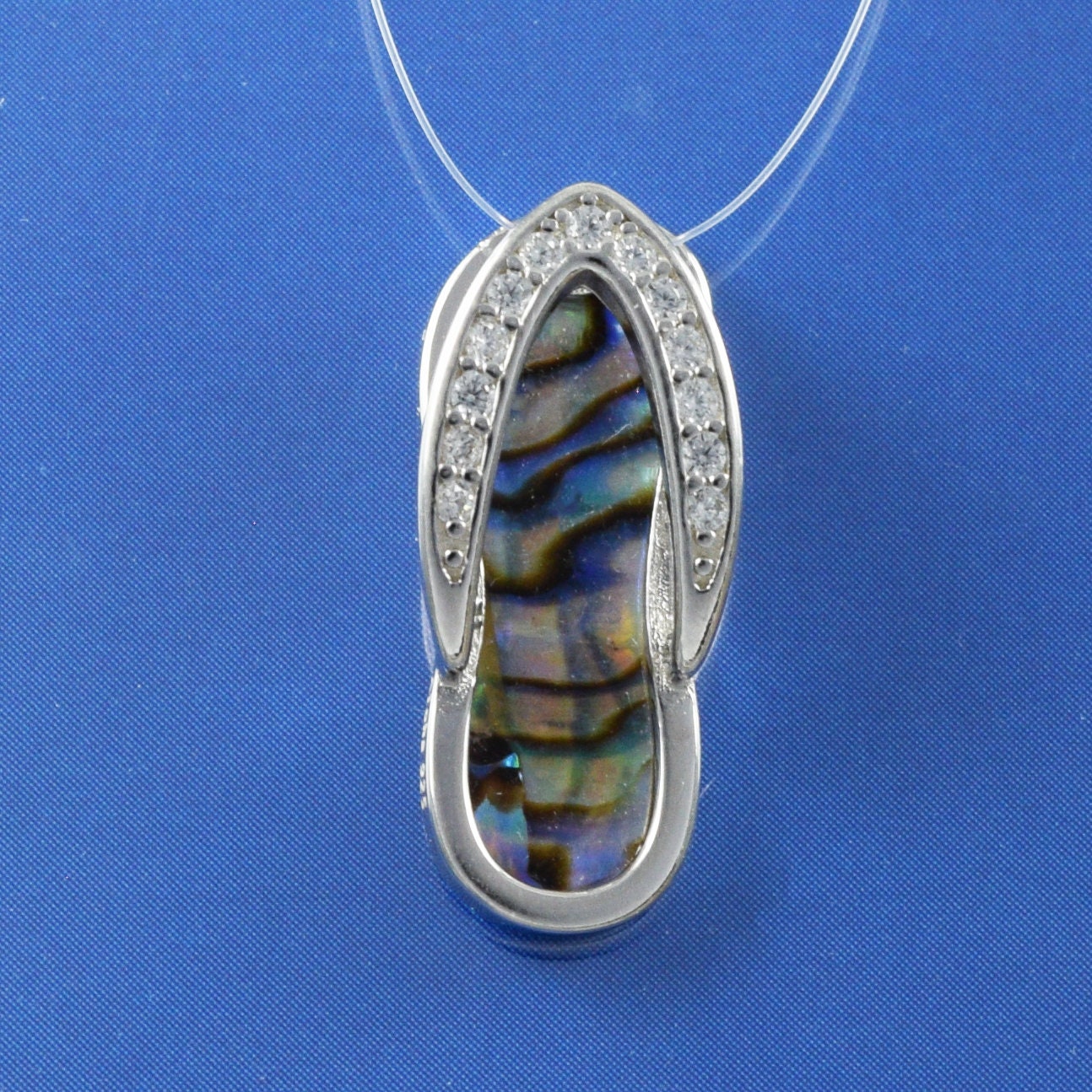 Hawaiian Genuine Paua Shell Slipper Pendant, Sterling Silver Abalone MOP CZ Sandal Charm Pendant, Christmas Birthday Mom Gift