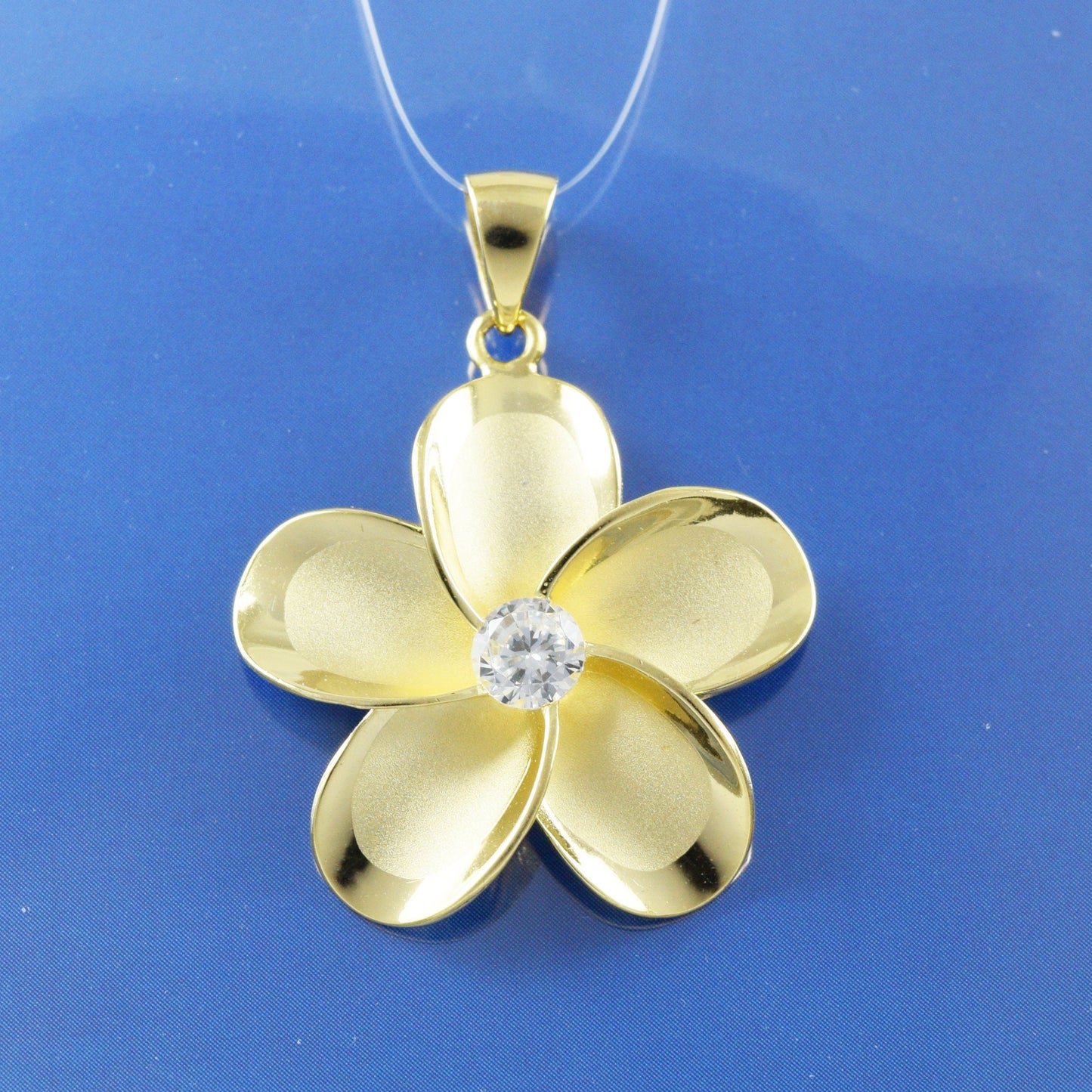 Hawaiian Large Plumeria Pendant, Sterling Silver Yellow-Gold Plated Plumeria CZ Pendant, Christmas Anniversary Birthday Mom Gift