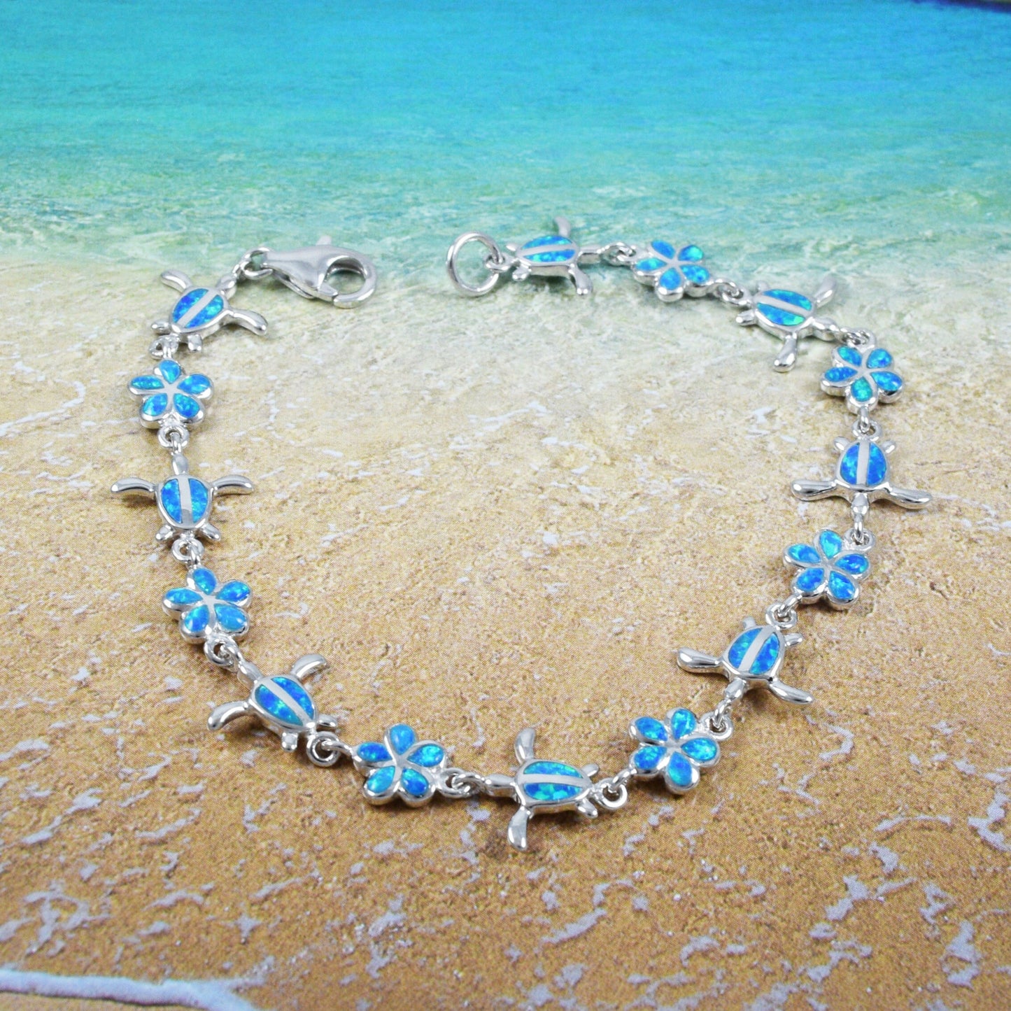 Hawaiian Blue Opal Plumeria Sea Turtle Bracelet, Sterling Silver Sea Turtle Flower Bracelet, Christmas Anniversary Birthday Mom Gift